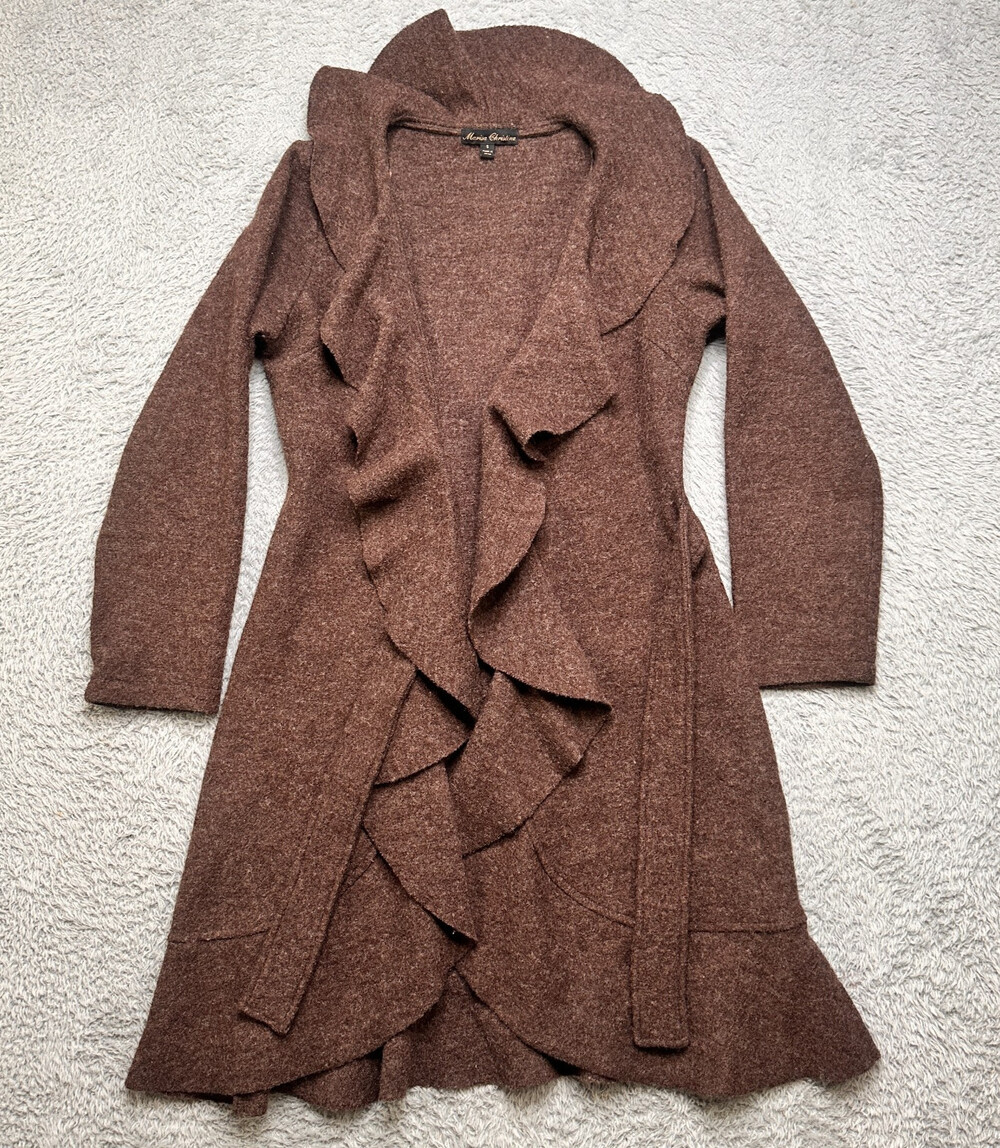 Marisa Christina Cardigan Womens S Brown 100% Wool Ruffle Belted Sweater Coat